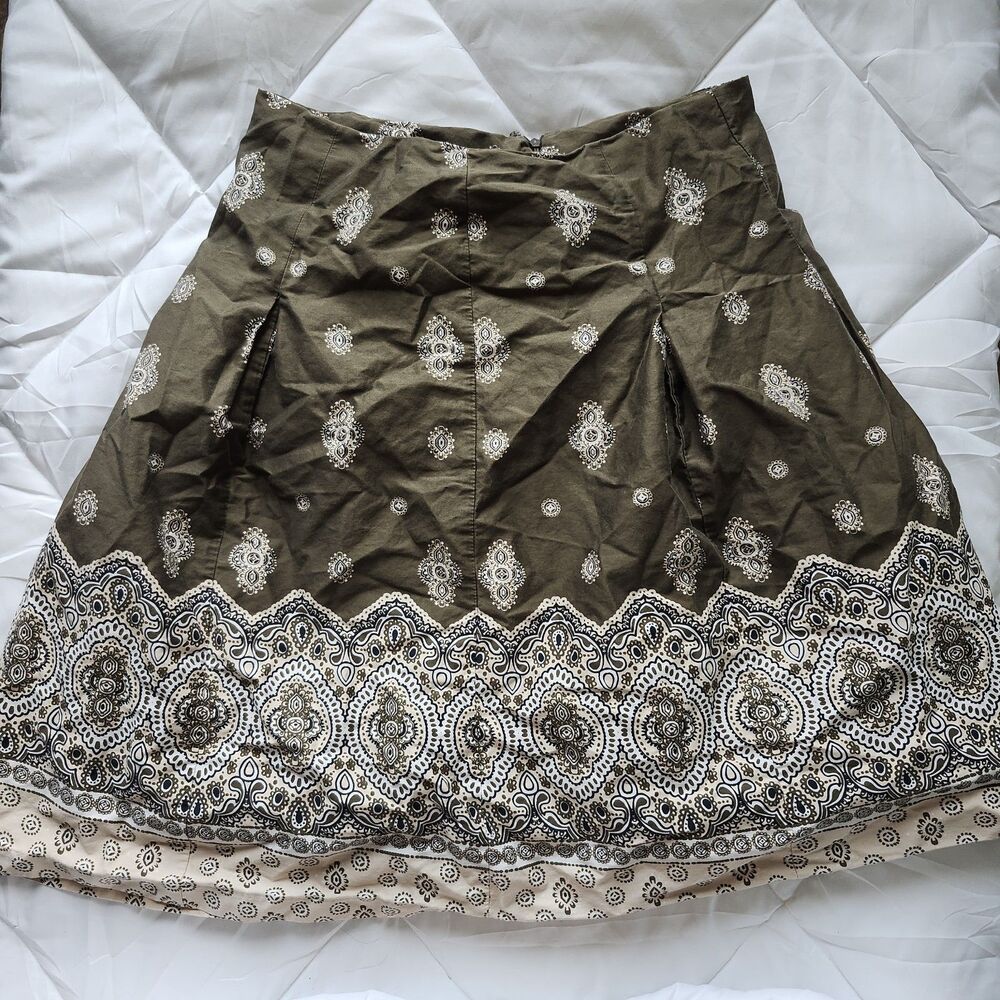 Charter Club 100% Cotton Green Paisley A-Line Pleated Skirt Size 10